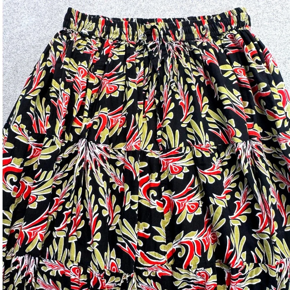 Ashley Taylor Womens Tiered Maxi Skirt Black Red Floral 100% Cotton Size L Flowy